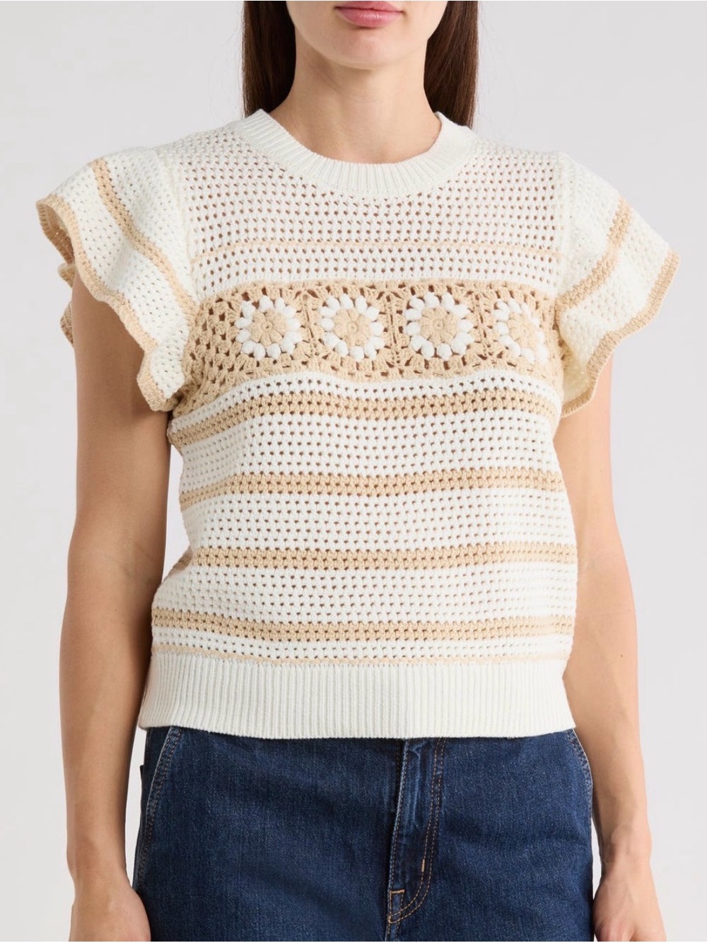 Elie Elie Tahari Cream Crochet Knit Sweater